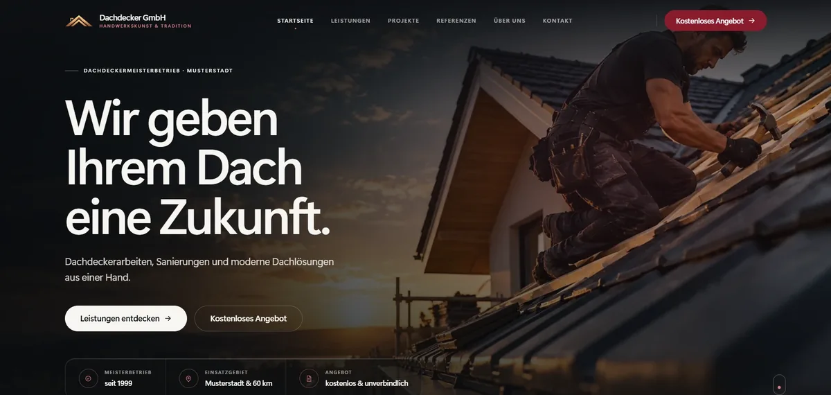 Startseite des Demo-Projekts für eine Dachdeckerei: Dachdecker bei der Arbeit im Abendlicht, große Headline und Angebotsbutton