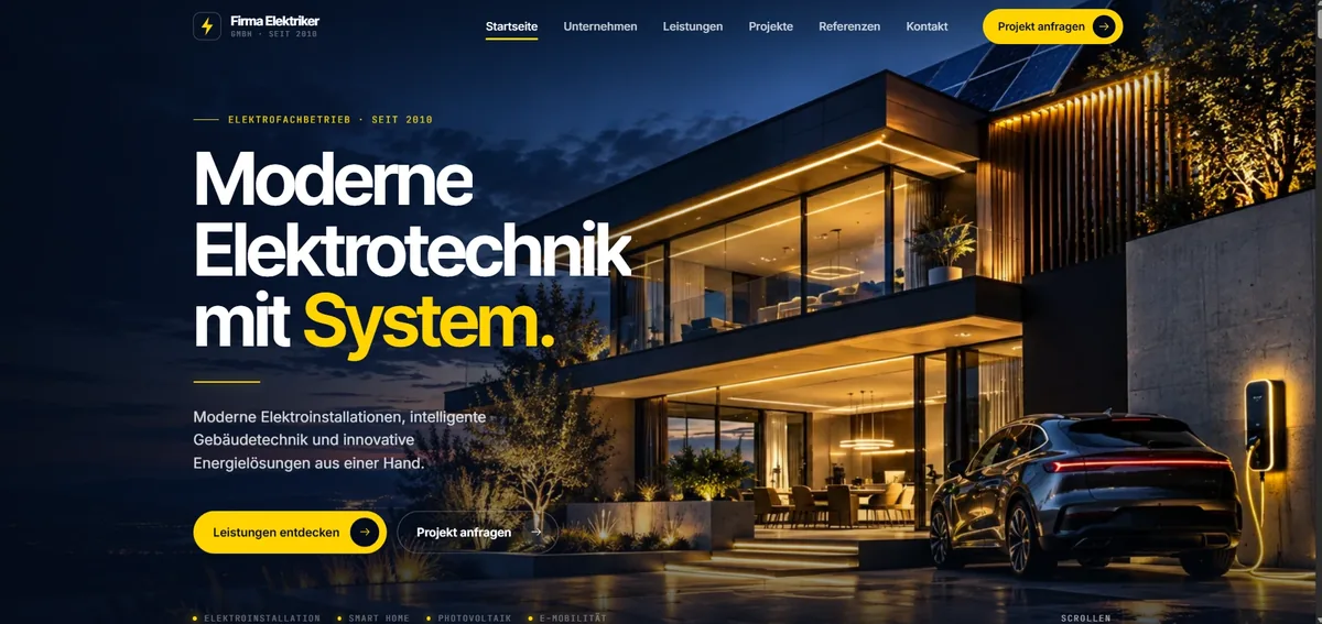 Startseite des Demo-Projekts für einen Elektrobetrieb: Headline „Moderne Elektrotechnik mit System“, dunkles Design mit gelben Akzenten, modernes Haus mit Photovoltaik bei Nacht